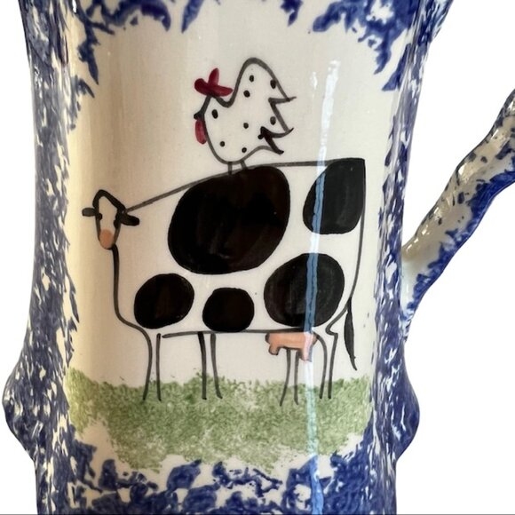 Molly Dallas Pottery Blue Spatterware Folk Art Cow Rooster Pitcher Jug Carafe - Picture 10 of 10